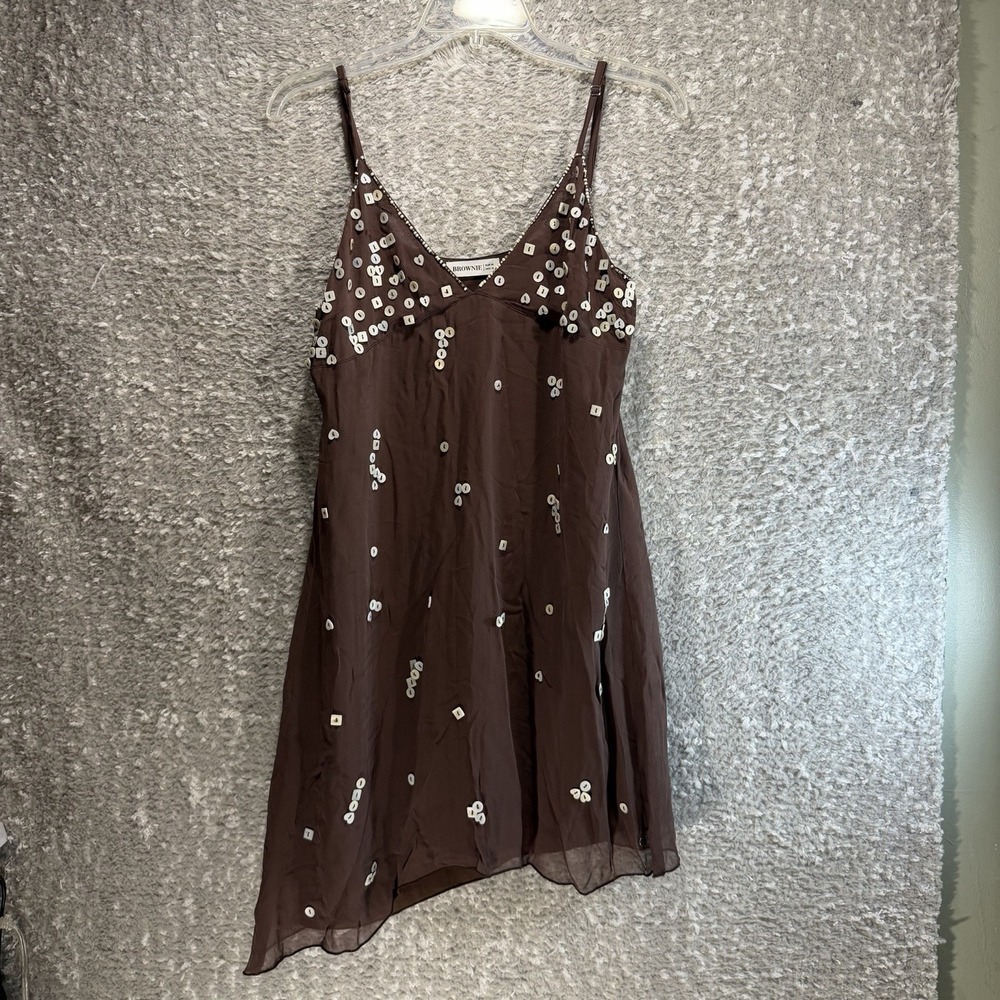 BROWNIE V-Neck Spaghetti Strap Dress M Lined Brown Y2k Western Boho Fairy Beads